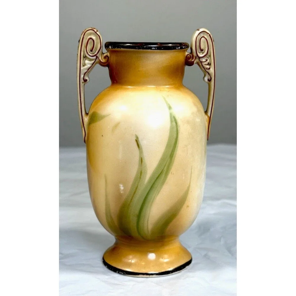 Antique Nippon Hand Painted Vase Morimura M in Wreath Two Handled Iris Floral